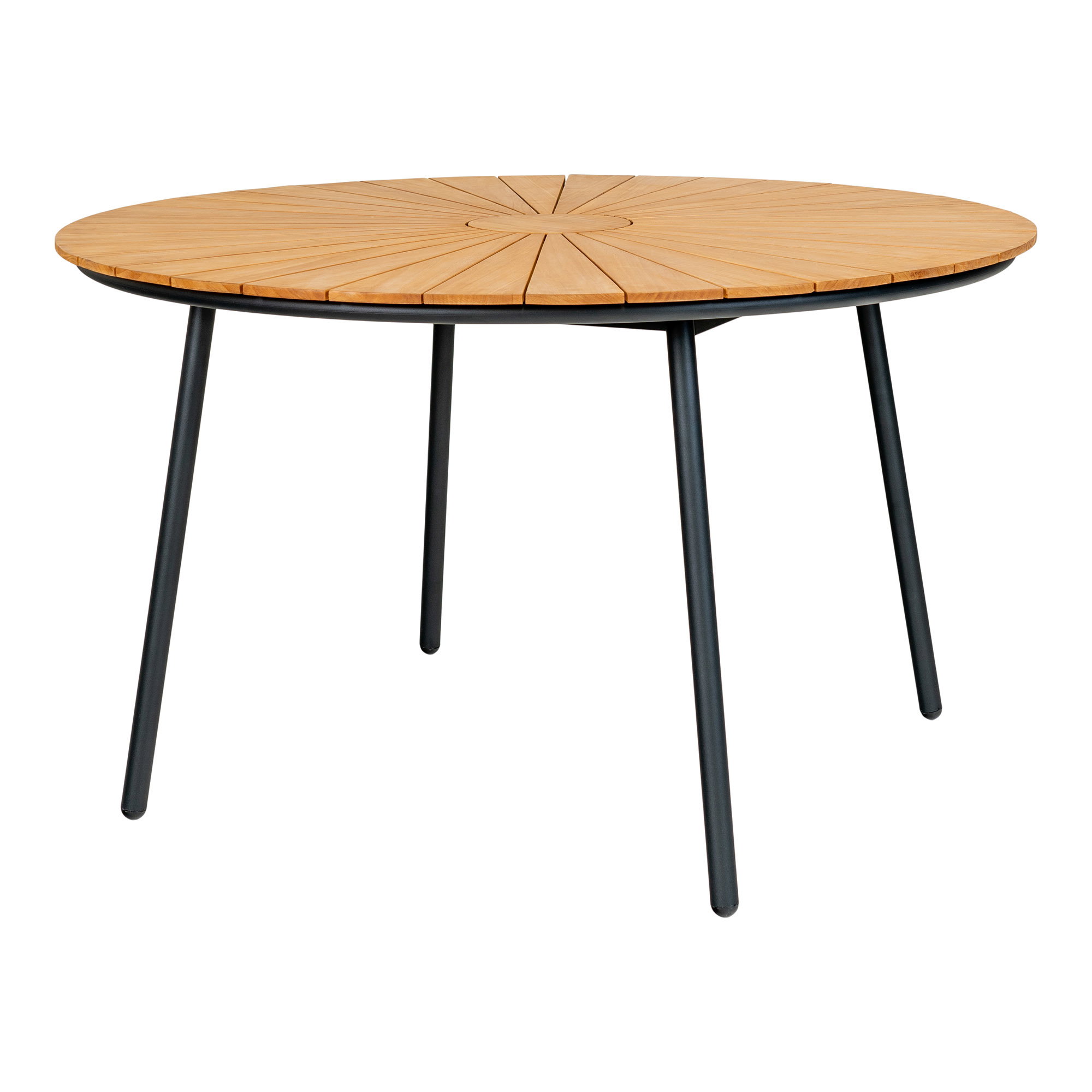 Ruokapöytä House Nordic Cleveland, tiikkipöytälevy, luonnonvärinen, mustat jalat, ø130x74 cm