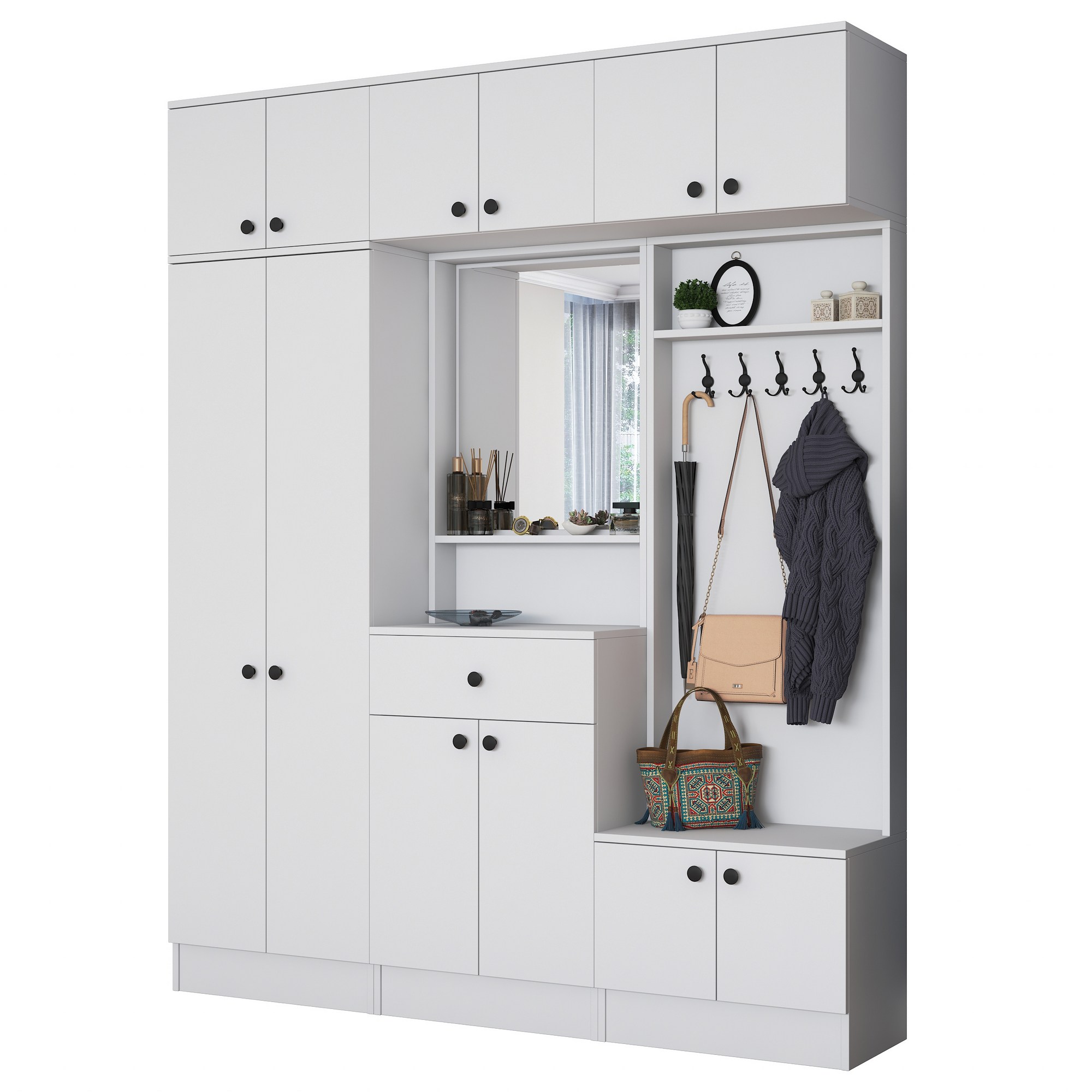 Säilytyskokonaisuus eteiseen Valento Furniture EA108, leveys 179,4cm, valkoinen