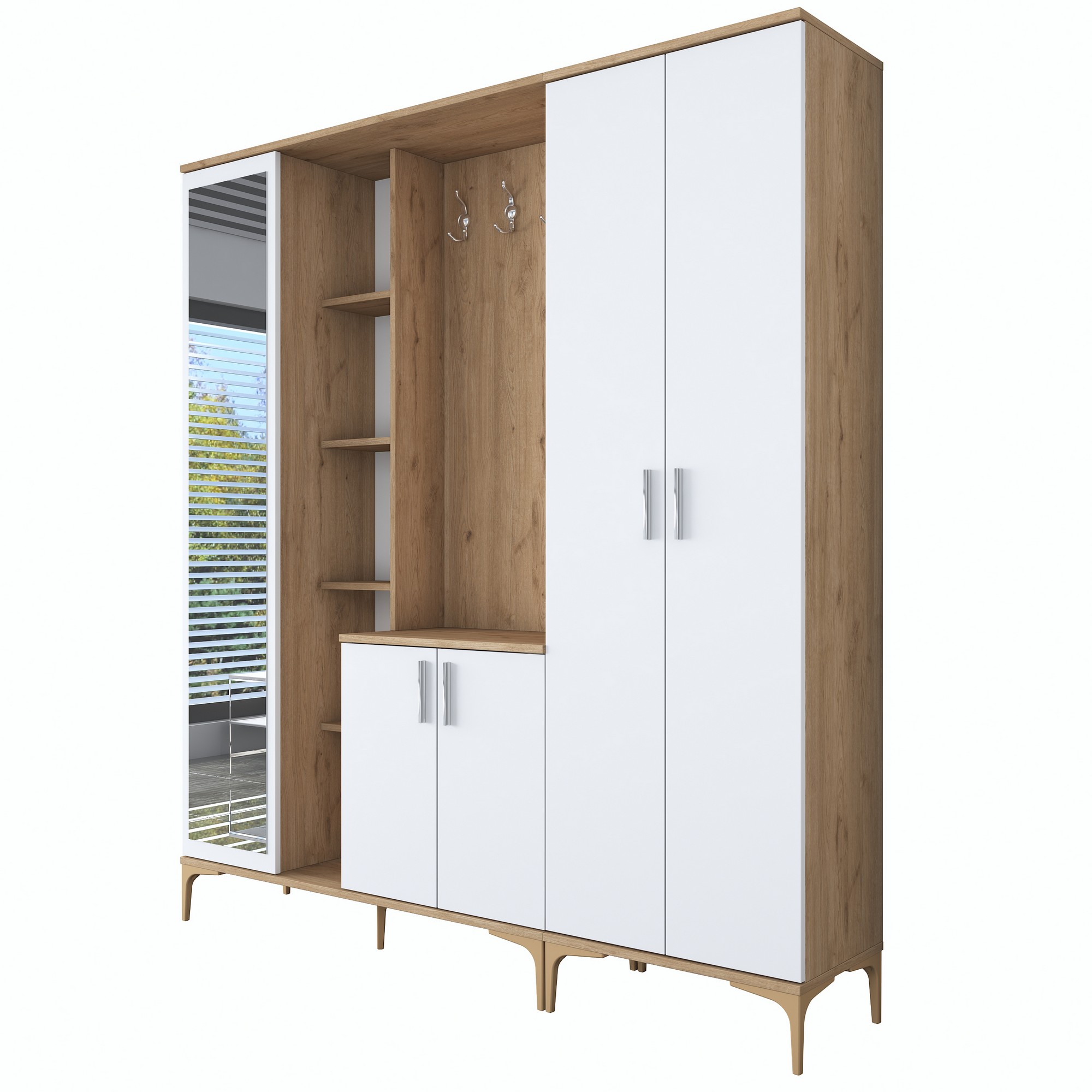 Säilytyskokonaisuus eteiseen Valento Furniture EA129-2797, leveys 180cm, valkoinen/ruskea