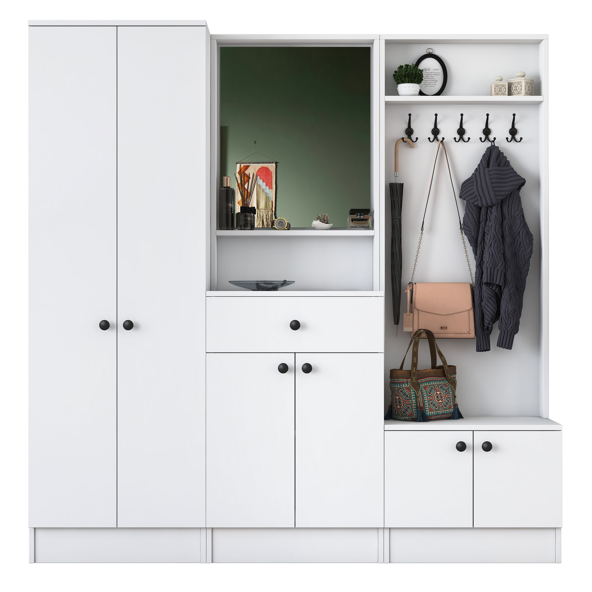 Säilytyskokonaisuus eteiseen Valento Furniture M2-1558, leveys 179.4cm, valkoinen