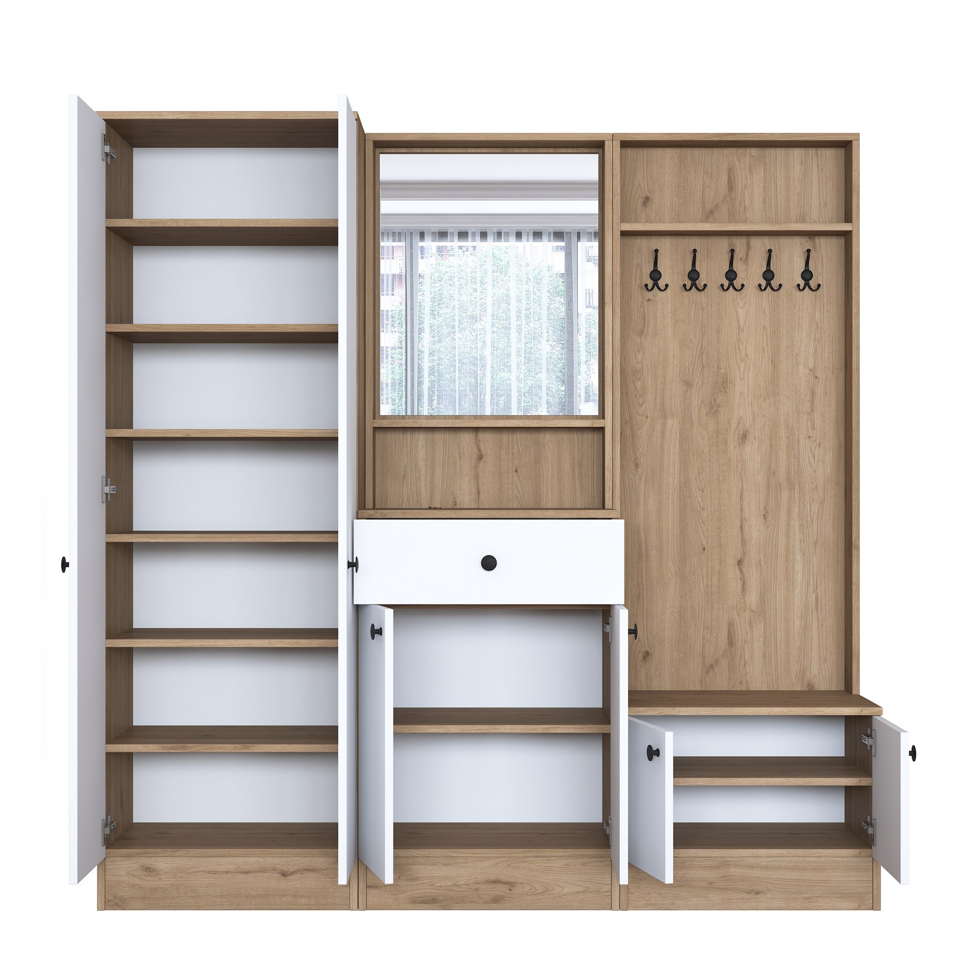 Säilytyskokonaisuus eteiseen Valento Furniture P6-M2-2257G, leveys 179.4cm, valkoinen/ruskea