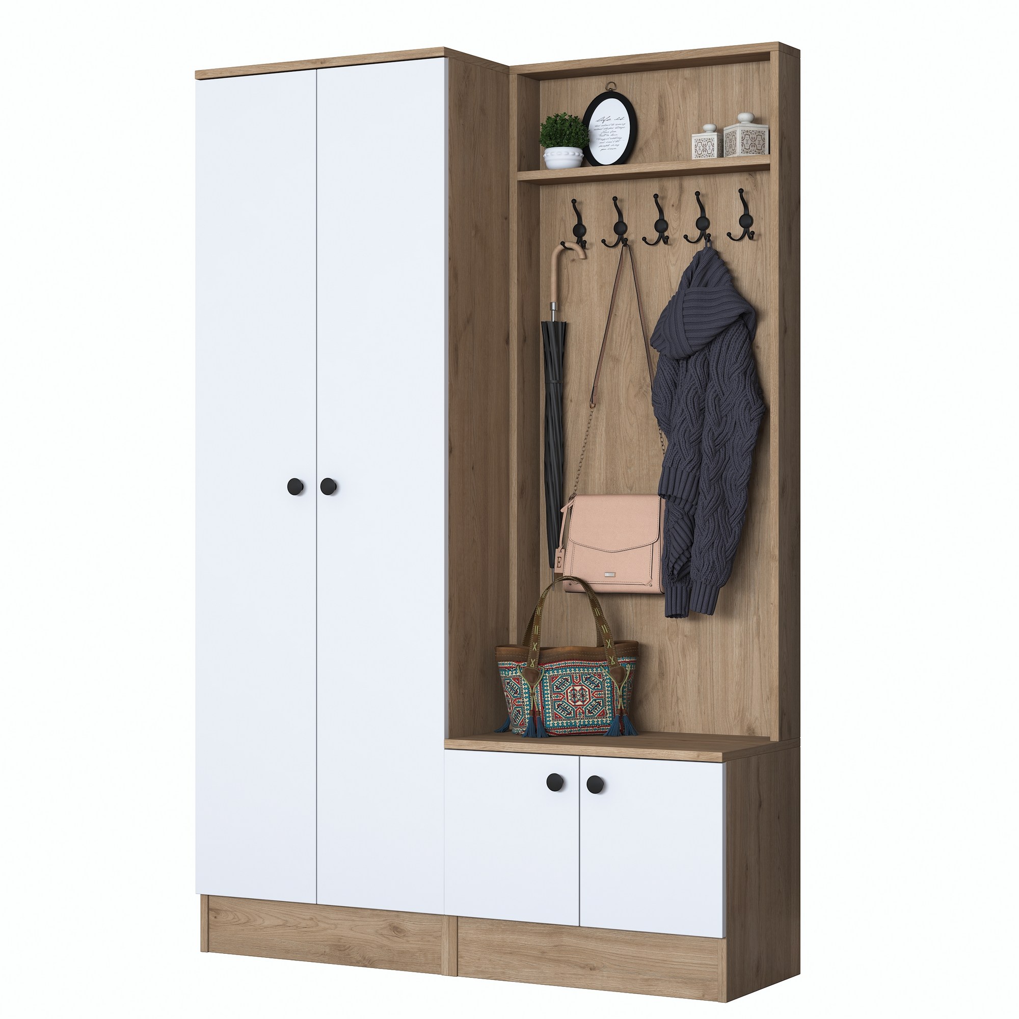 Säilytyskokonaisuus eteiseen Valento Furniture P6-M3-2490, leveys 119.6cm, valkoinen/ruskea