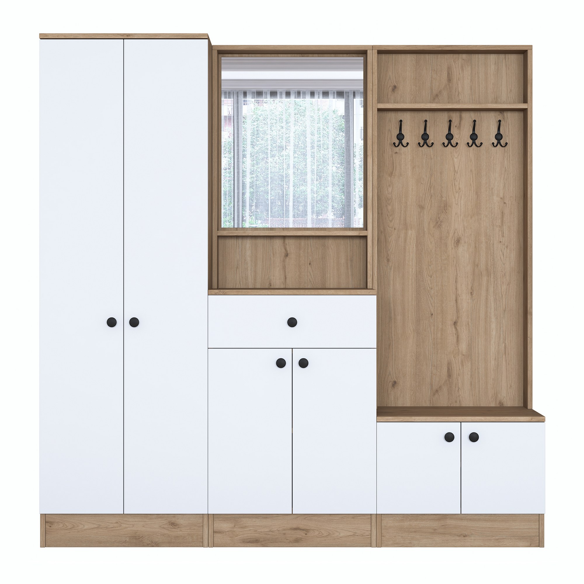 Säilytyskokonaisuus eteiseen Valento Furniture P6-M3-2490, leveys 179.4cm, valkoinen/ruskea