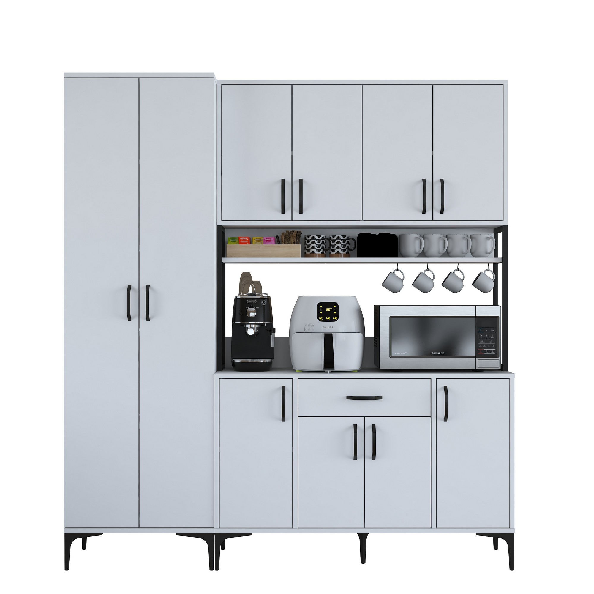 Säilytyskokonaisuus keittiöön Valento Furniture JE133-3054, leveys 180cm, korkeus 198.6cm, valkoinen