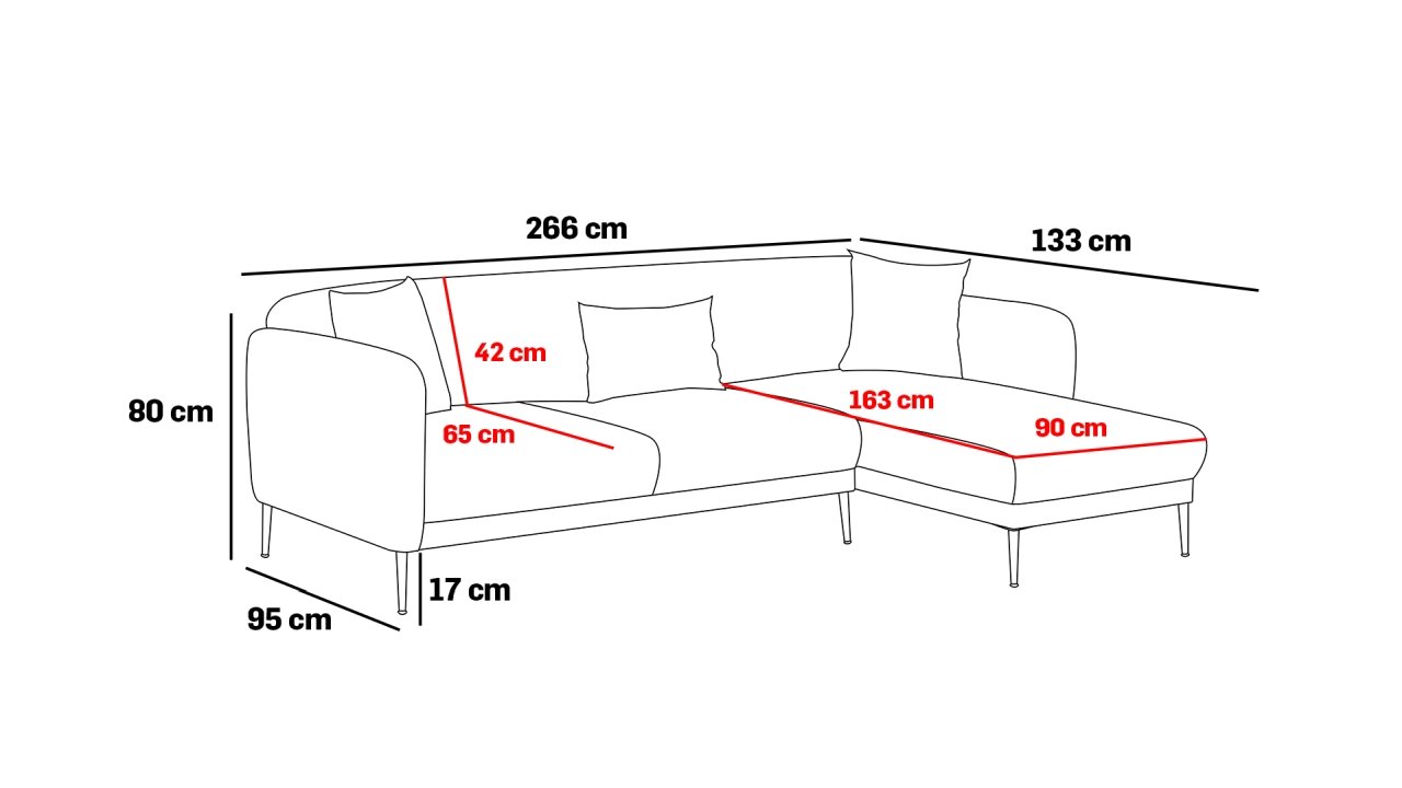Vuodekulmasohva Valento Furniture Simena, oikea, 266x95-133cm, 3-istuttava