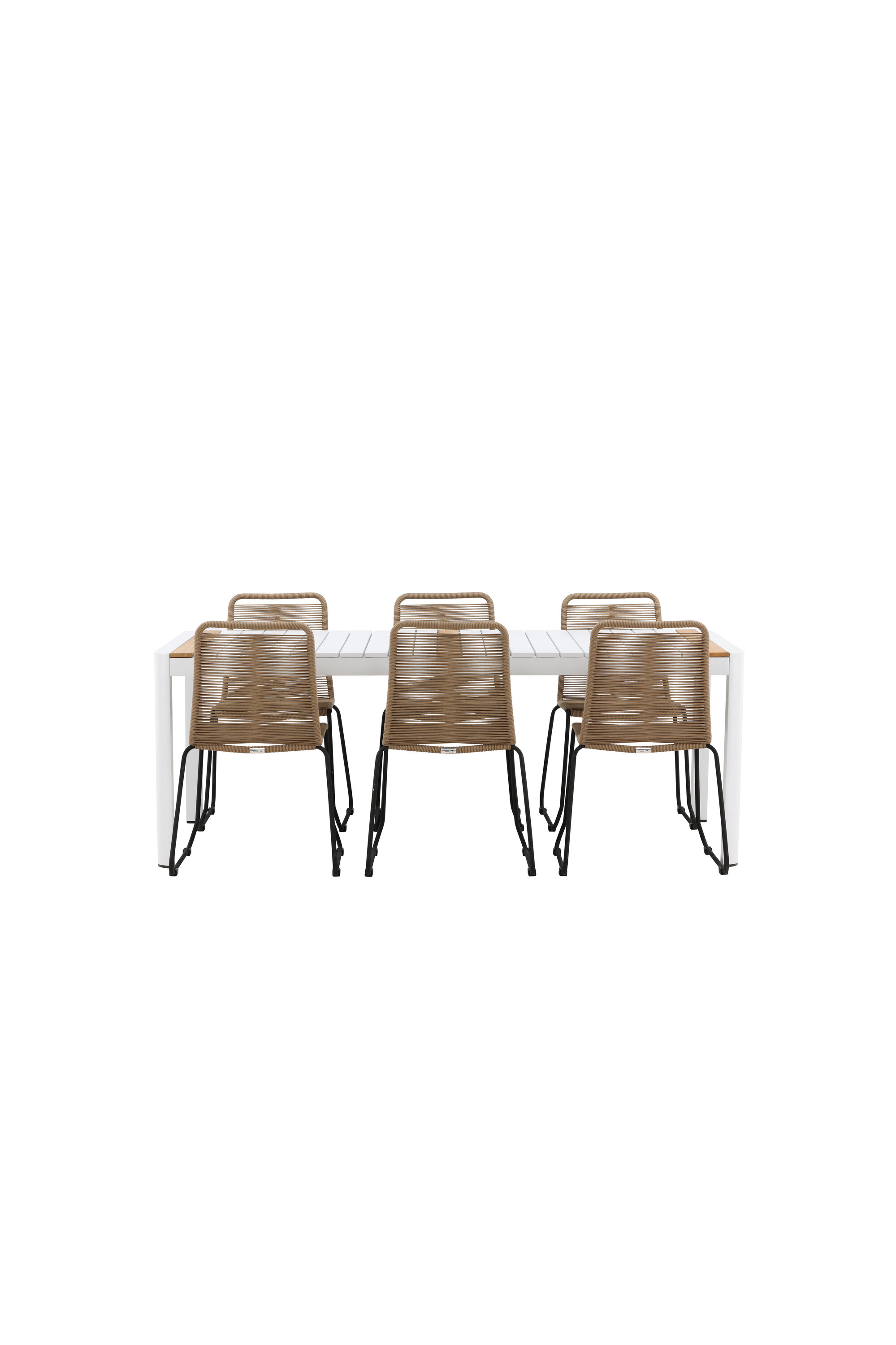 Ruokailuryhmä Venture Home Togo/Lindos, 200x100cm pöytä + 6 pinottavaa tuolia, valkoinen/tiikki/musta/latte