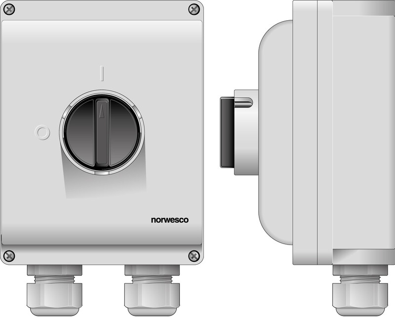 Turvakytkin Norwesco ESWP2 340, edestä väännettävä, 3x40A, 4xM32+2xM16 läpivientiä, 500V, 15kW, IP65, harmaa