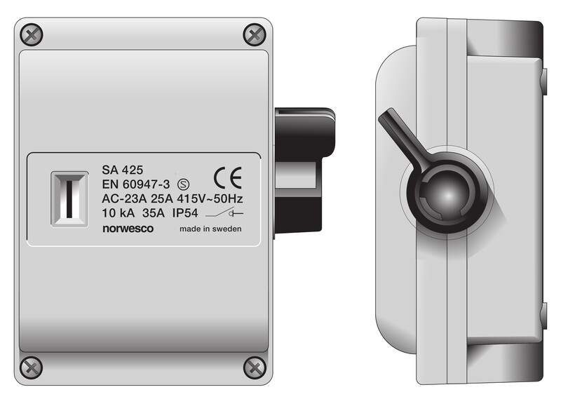 Turvakytkin Norwesco SA425, sivusta väännettävä, 4x25A, 500V, 11kW, IP54, harmaa