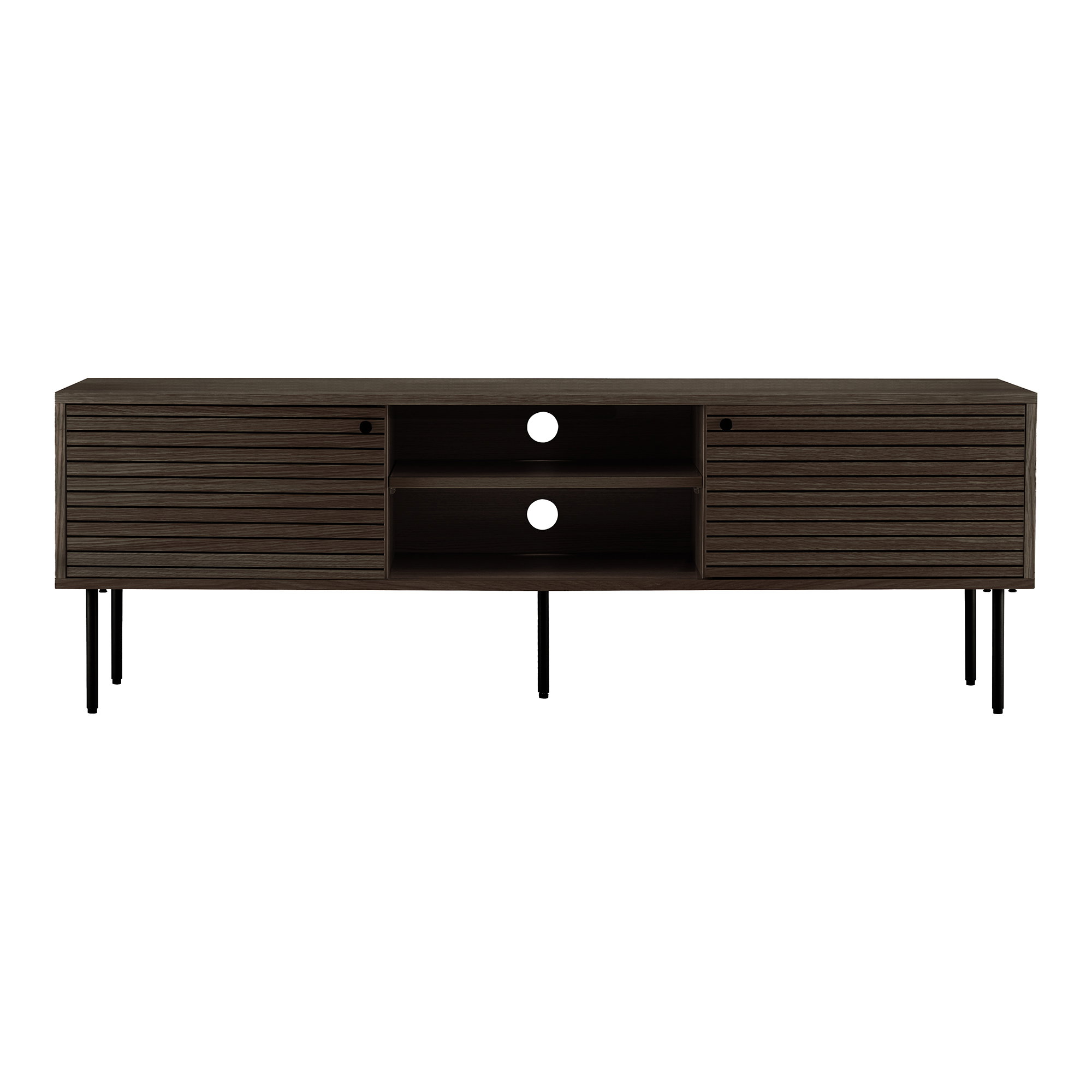 TV-taso House Nordic Kyoto, 2 ovea, 2 hyllyä, tammiviilu, savustettu, mustat metallijalat, 150x40x50 cm