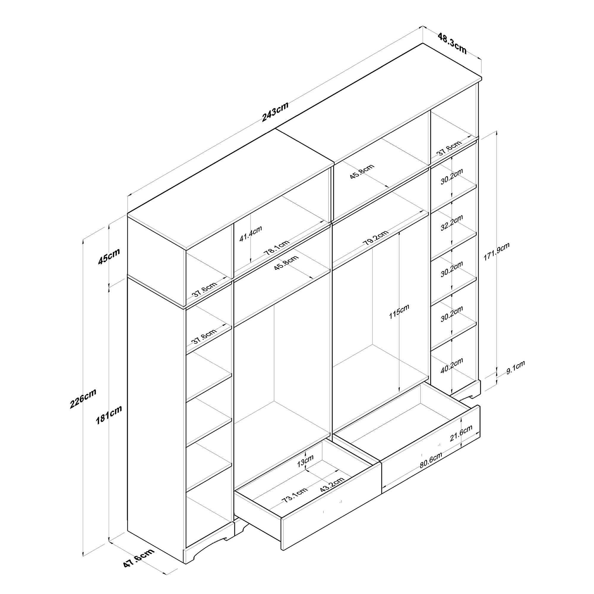 Vaatekaappi Valento Furniture BA133-3851, 245x226cm, valkoinen