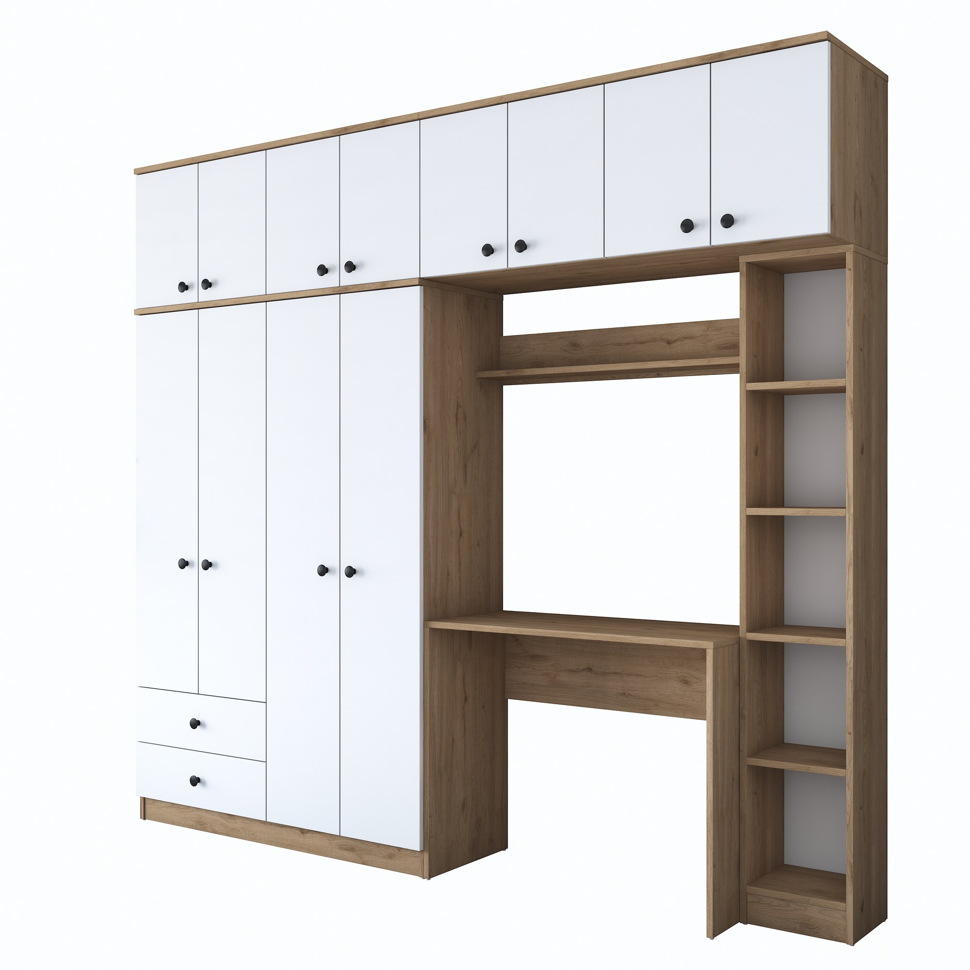 Vaatekaappi + työpöytä Valento Furniture BA122-2697, leveys 240cm, valkoinen/ruskea