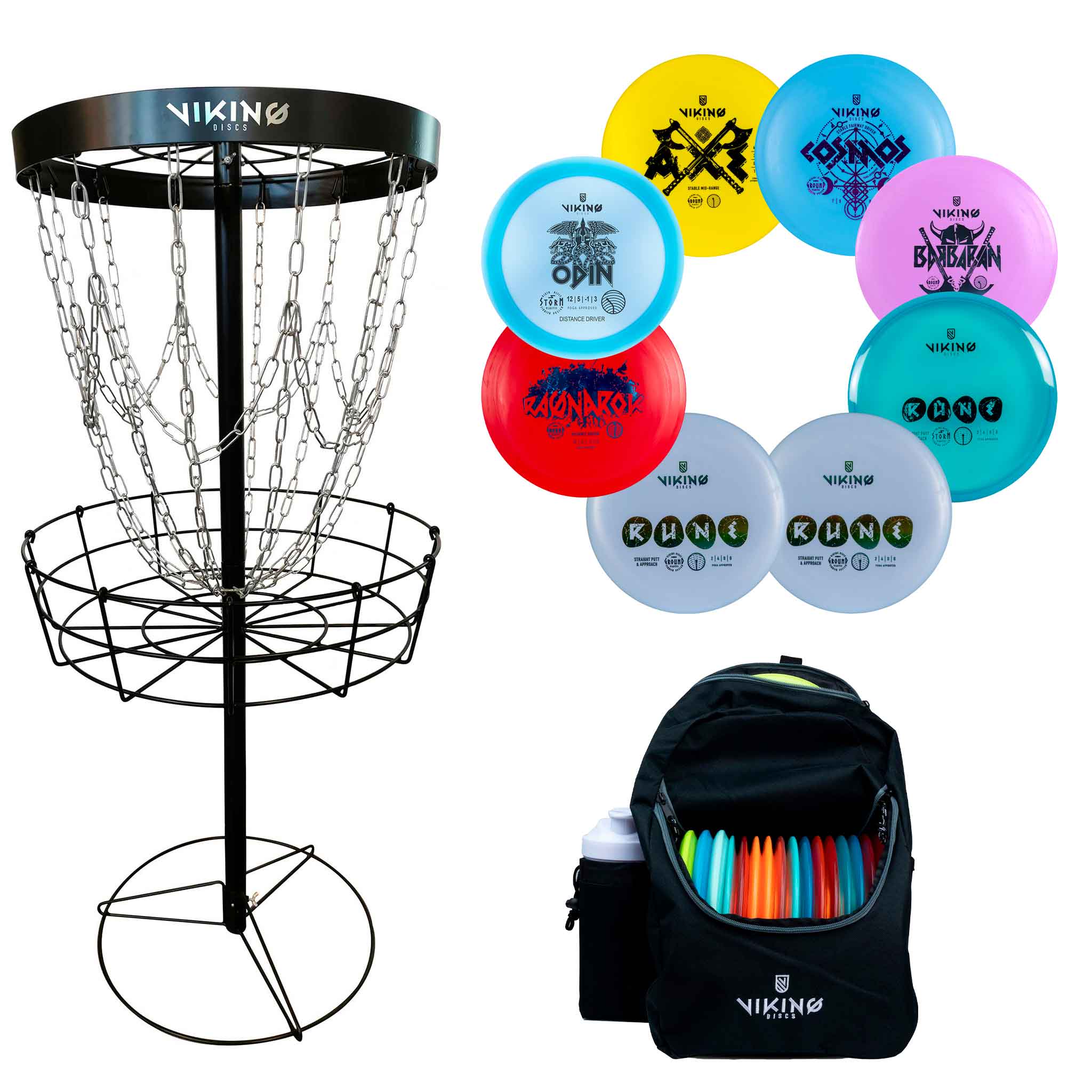 Frisbeegolfsetti Viking Discs Challenger, sis. kori, 8 kiekkoa ja varustelaukku