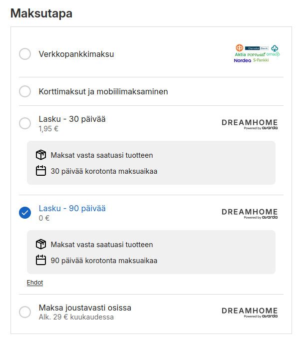 Avarda Lasku 90 päivää maksutavan valinta kassalla